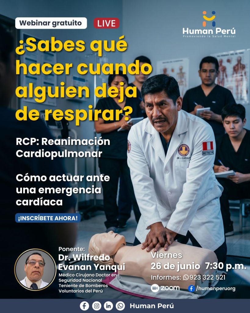 Afiche del Webinar RCP Reanimación CardioPulmonar, por el ponente Dr. Wilfredo Evanan Yanqui.